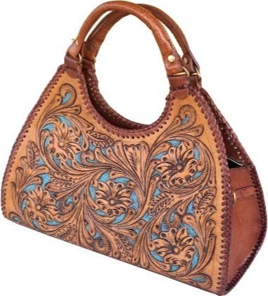 Hand-carved floral leather handbag