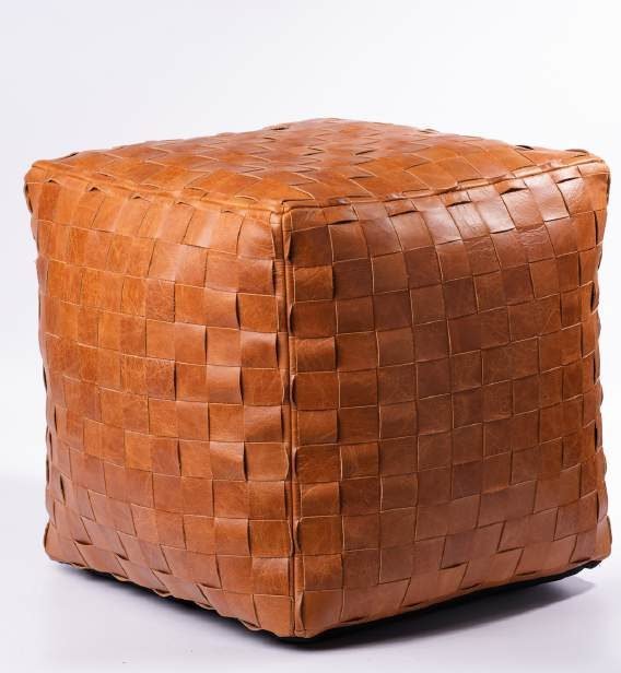 Hand-woven leather cube pouf