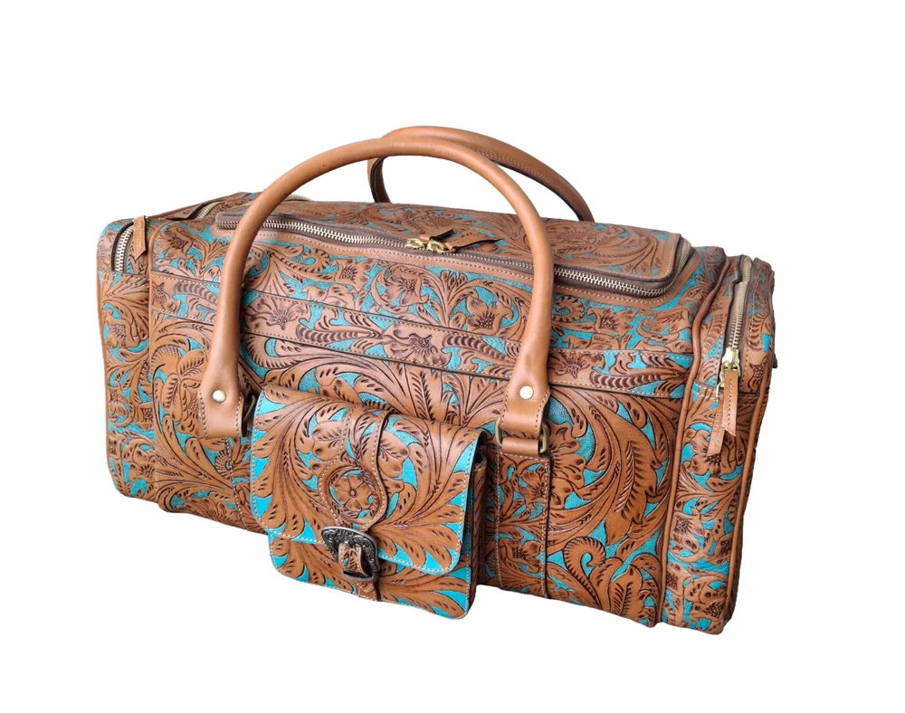 Tooled Weekender Duffle, handmade leather by CHARAM