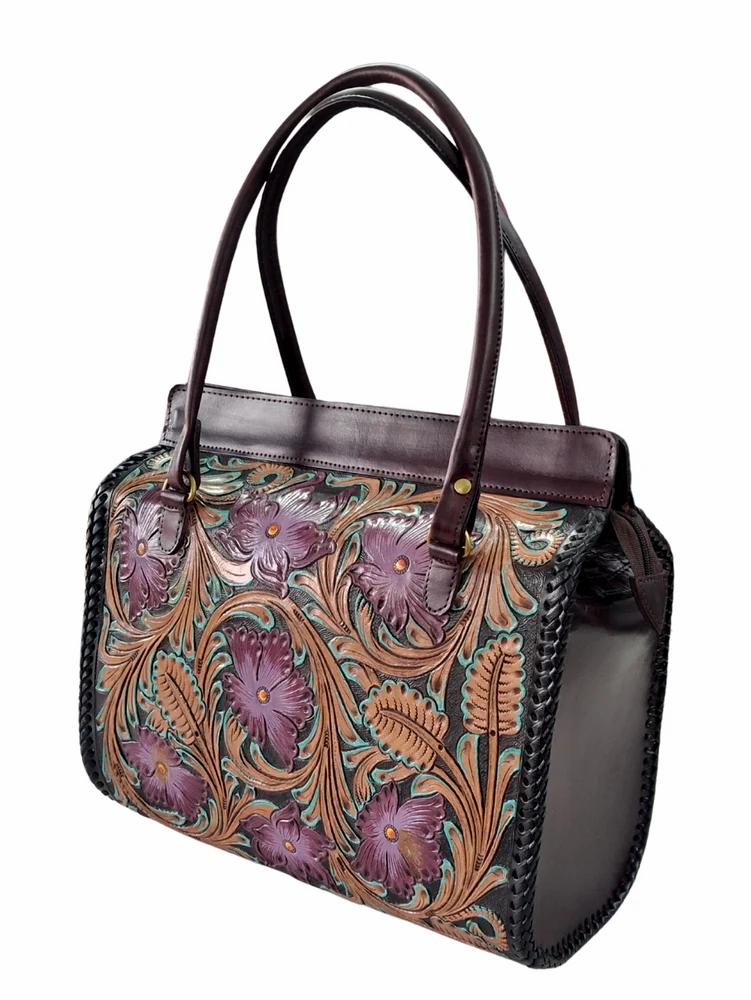 Frame-Top Handbag, Painted Floral, handmade leather by CHARAM