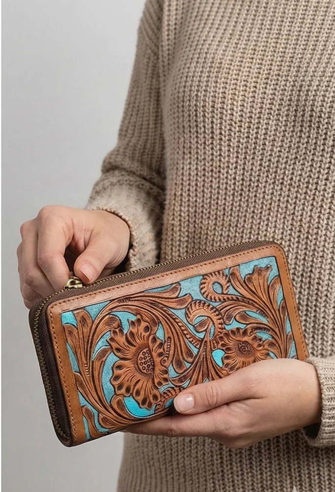Floral Tooled Zip Wallet, handmade leather by CHARAM