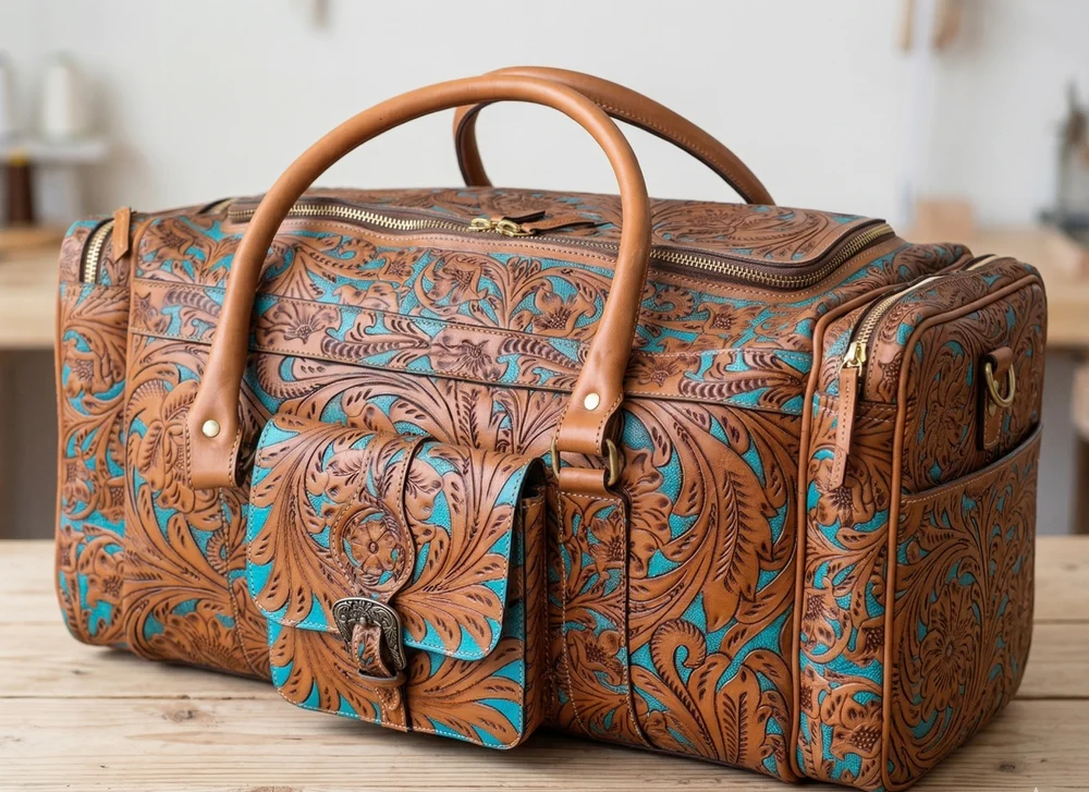Tooled Weekender Duffle, handmade leather by CHARAM
