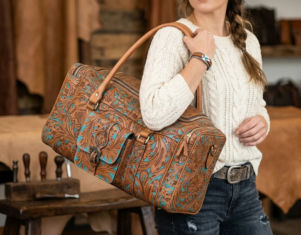 Tooled Weekender Duffle, handmade leather by CHARAM