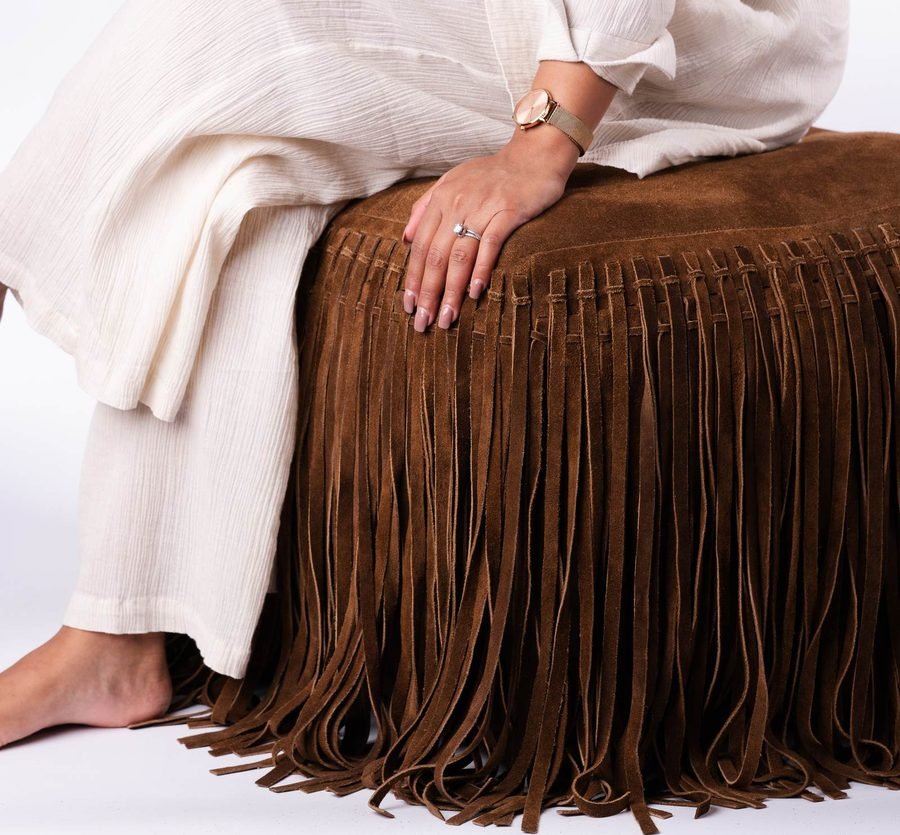 Hand-cut suede fringe pouf