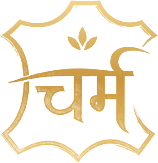CHARAM logo, the word चर्म inside a leather hide outline