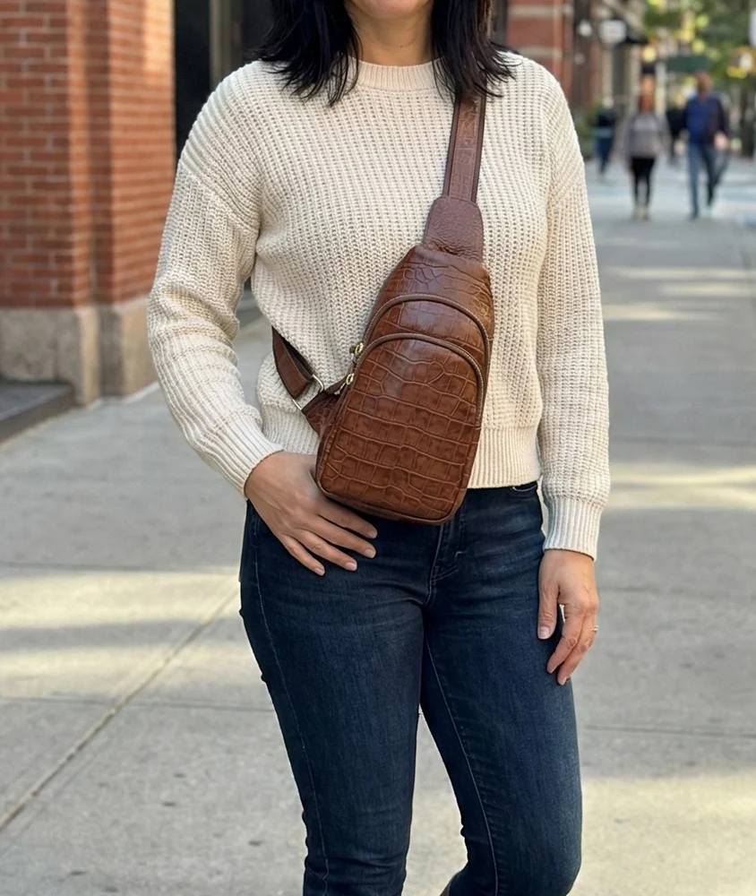 Croc-Embossed Chest Sling, handmade leather by CHARAM