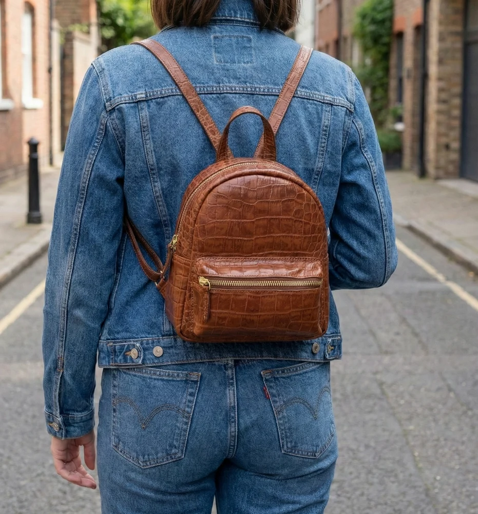 Croc-Embossed Mini Backpack, handmade leather by CHARAM