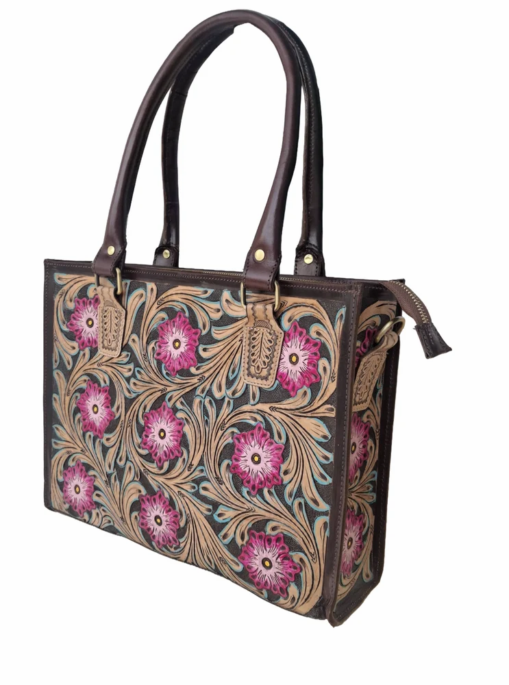 Hand-Painted Floral Tote Handbag, handmade leather by CHARAM