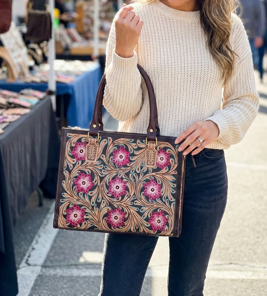 Hand-Painted Floral Tote Handbag, handmade leather by CHARAM
