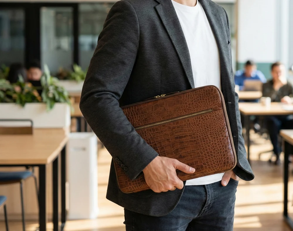 Croc-Embossed Laptop Sleeve and File Bag, handmade leather by CHARAM