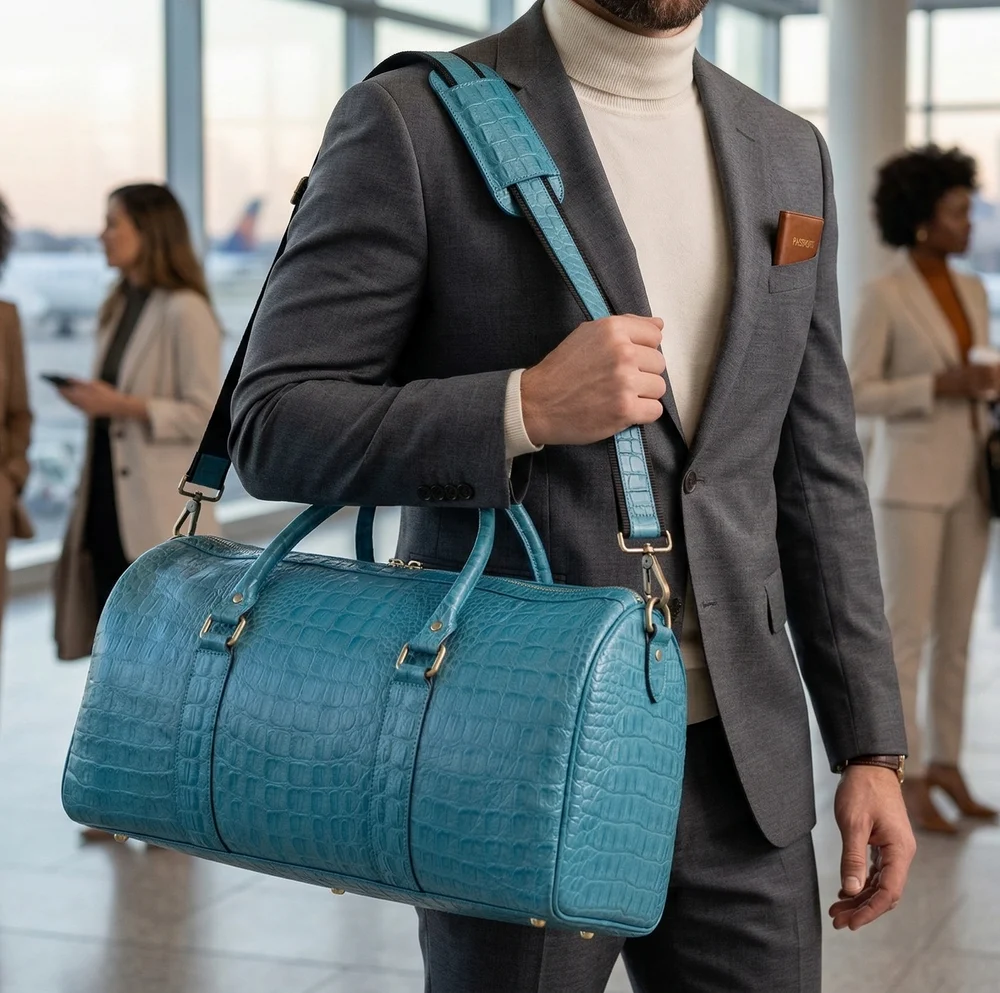 Croc-Embossed Weekender Duffle, handmade leather by CHARAM