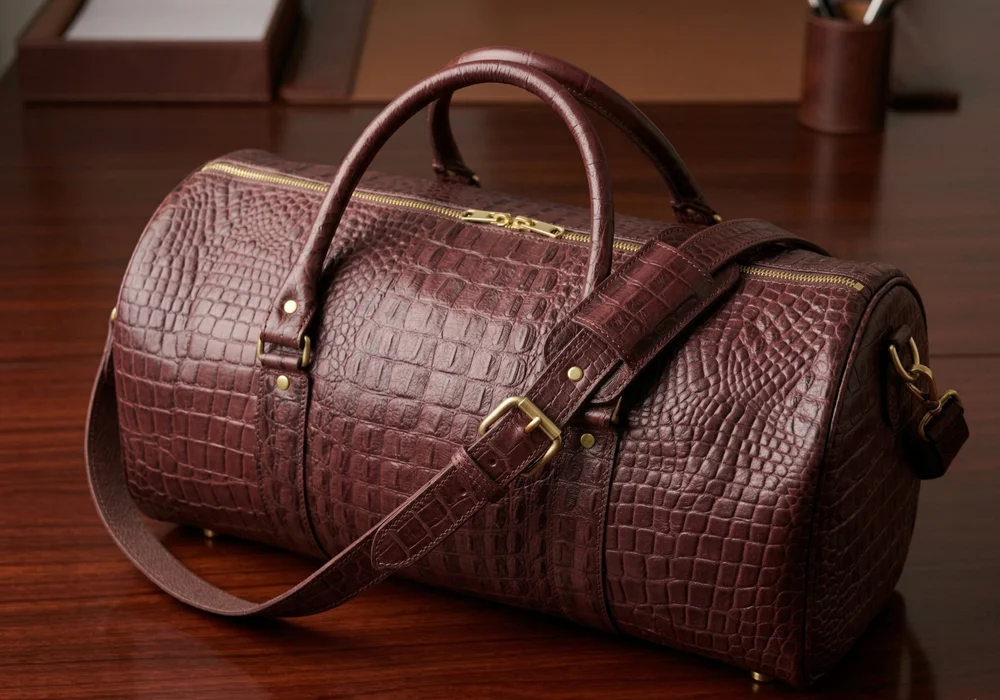 Croc-Embossed Weekender Duffle, handmade leather by CHARAM